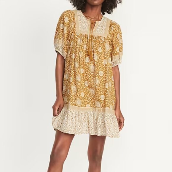 Old Navy Women's Yellow Floral Boho Puff-Sleeve Summer Mini Swing Dress Medium - Picture 9 of 10